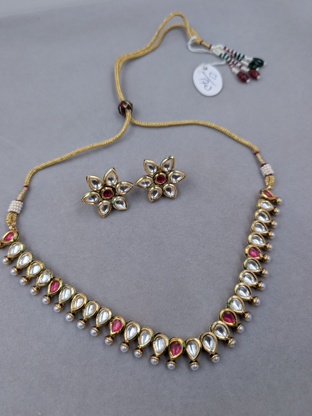 Indian Kundan Necklace Earrings Set Ruby Pearl Bridal | 0346